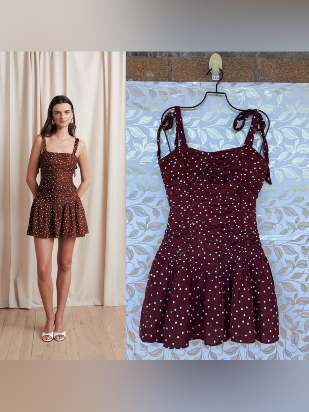 SAYLOR Burgundy Polka Dot Ruched Mini Dress Drop Waist Coquette Romantic Size S